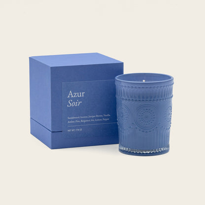 Blue Azur Soir glass candle with white wax in ribbed tumbler, with gift box