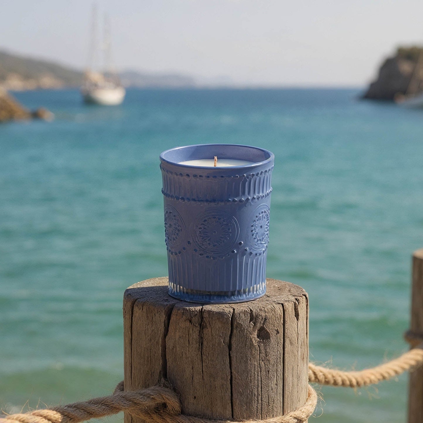 Blue embossed glass scented candle on wooden base, lit flame