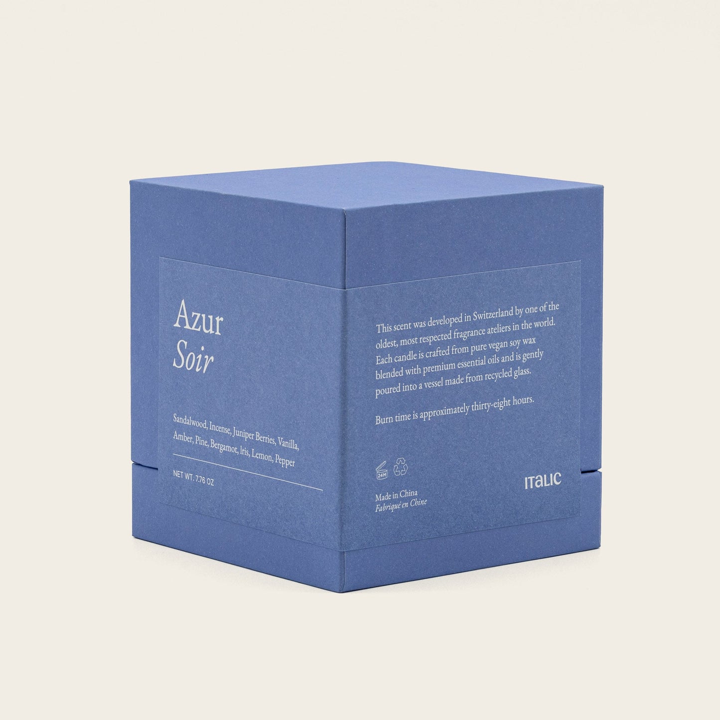 Blue candle gift box labeled "Azur Soir" with product details