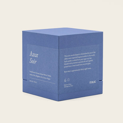 Blue candle gift box labeled "Azur Soir" with product details