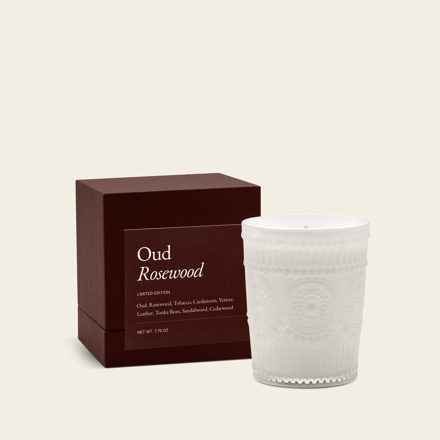 White textured glass scented candle with Oud Rosewood gift box
