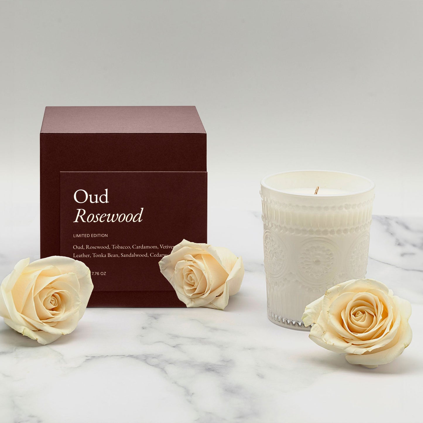 White textured glass scented candle with Oud Rosewood gift box
