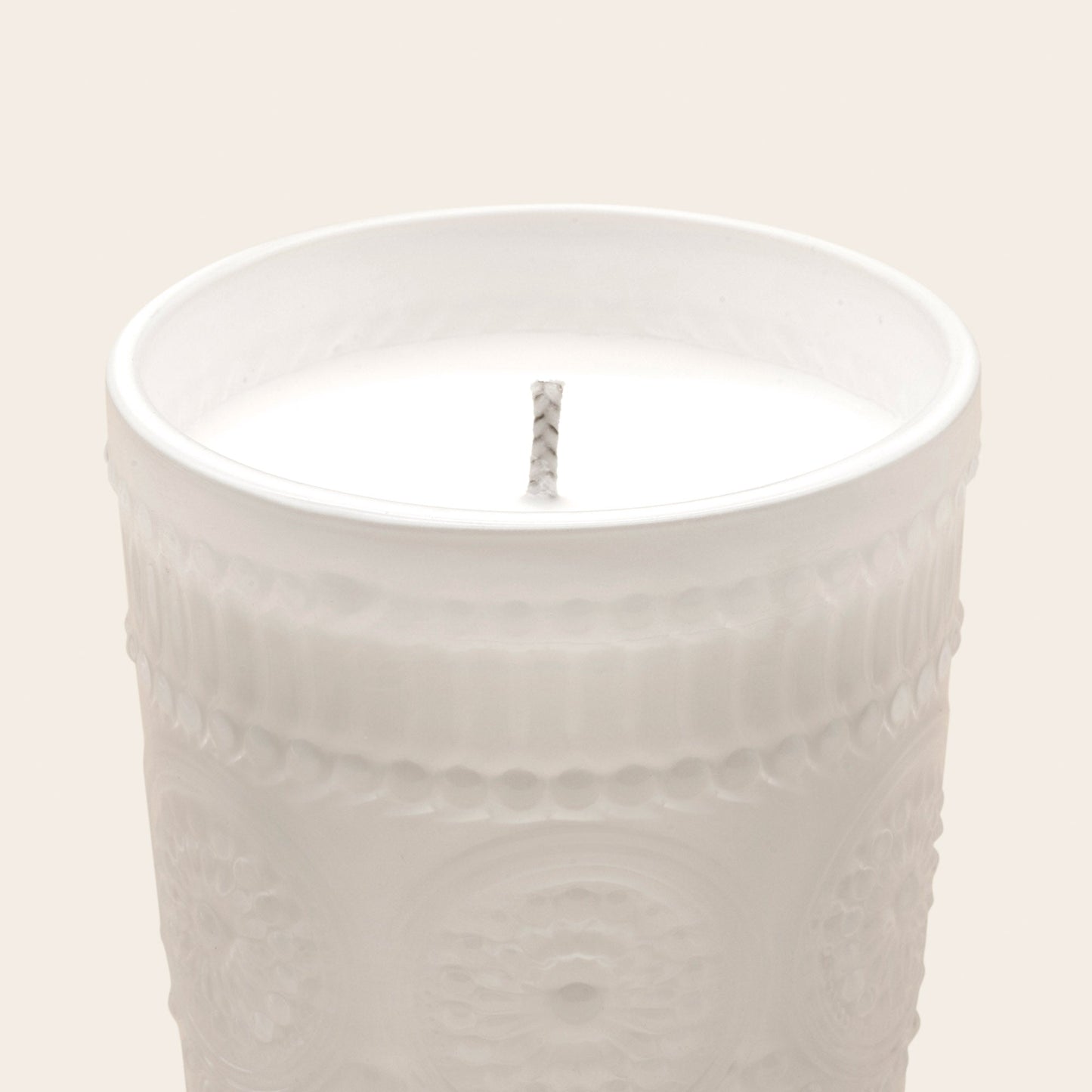 White textured glass scented candle with unlit wick