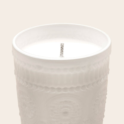 White textured glass scented candle with unlit wick