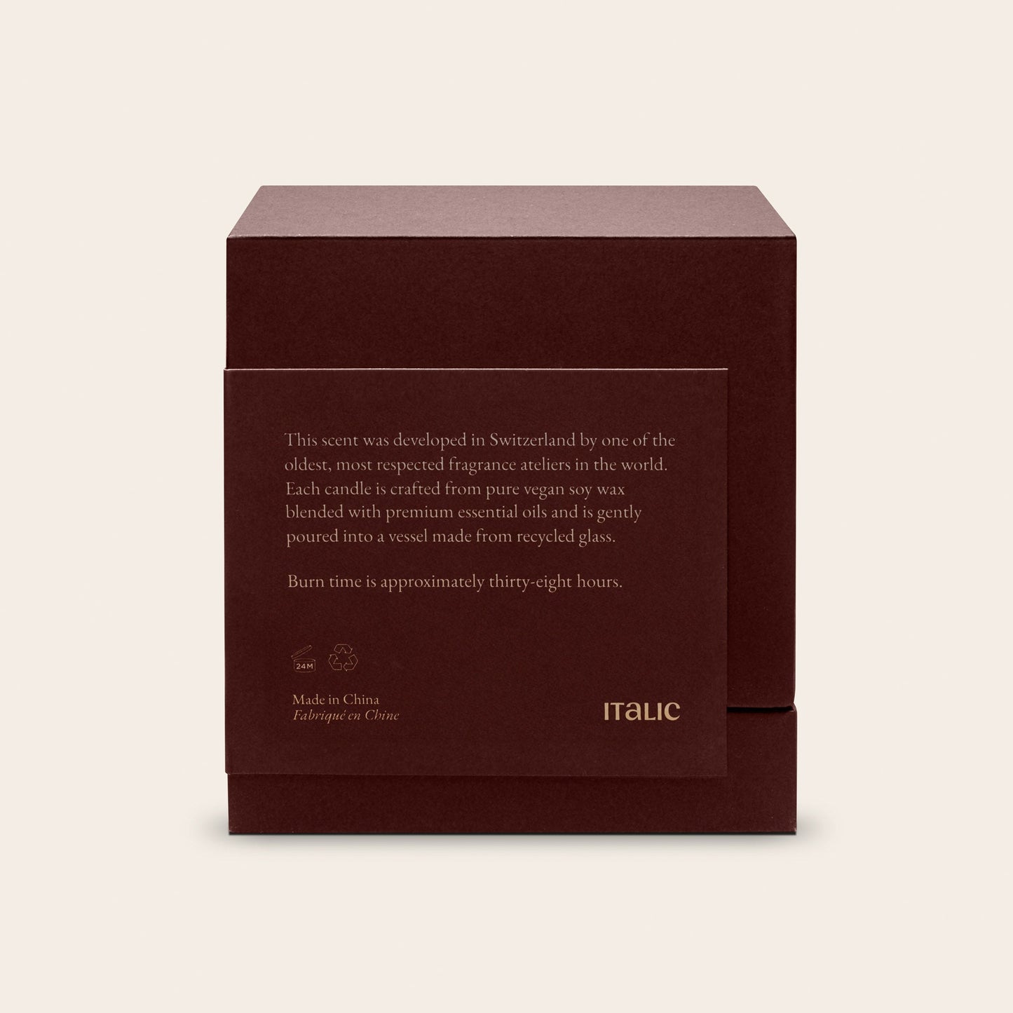 Dark brown scented candle gift box with back label text