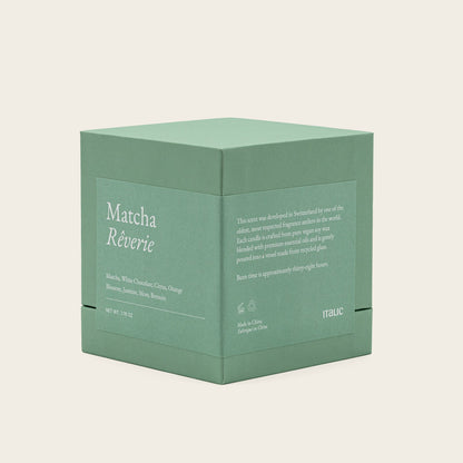 Green candle gift box labeled "Matcha Réverie" with italic logo