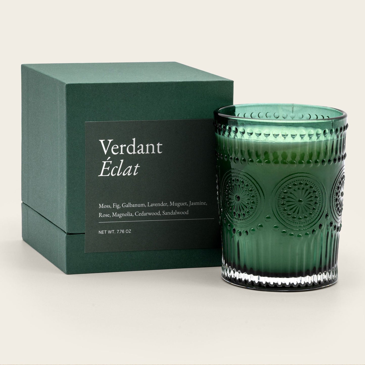 Dark green textured glass scented candle with Verdant Éclat gift box