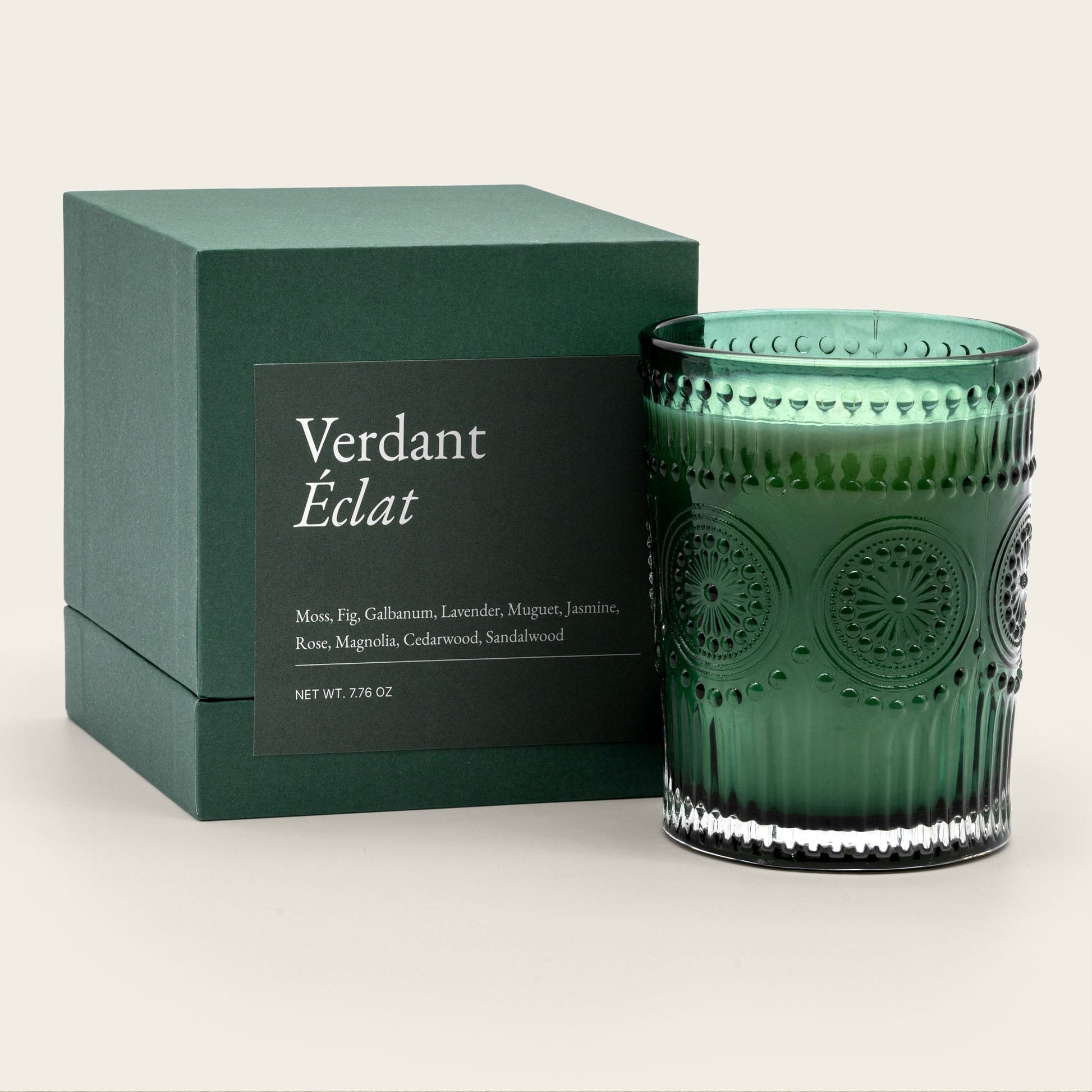 Dark green textured glass scented candle with Verdant Éclat gift box