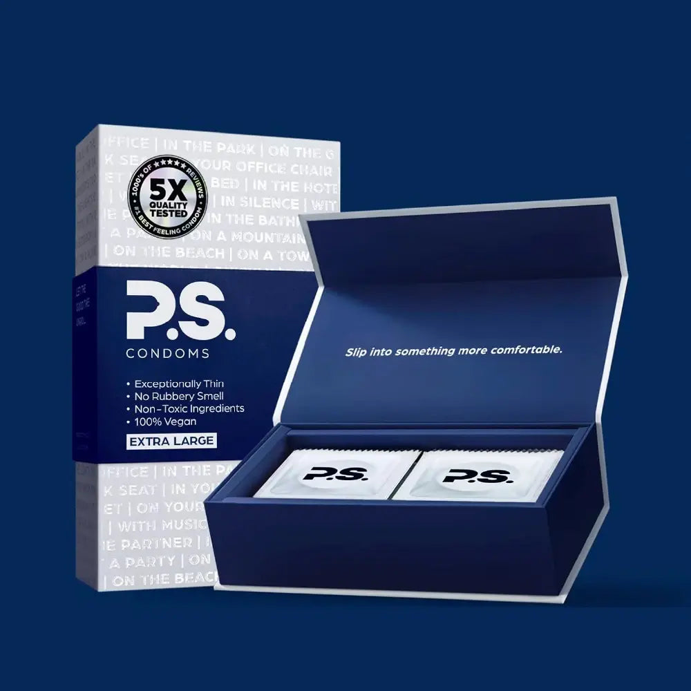 P.S. Condoms open carton with two packets inside, extra large