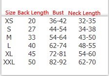Dog life vest size chart: back length and neck length by XS–XXL