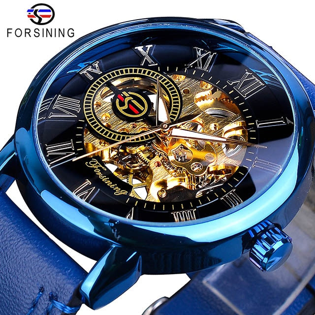 Men mechanical watch, blue case, black skeleton dial, blue leather strap
