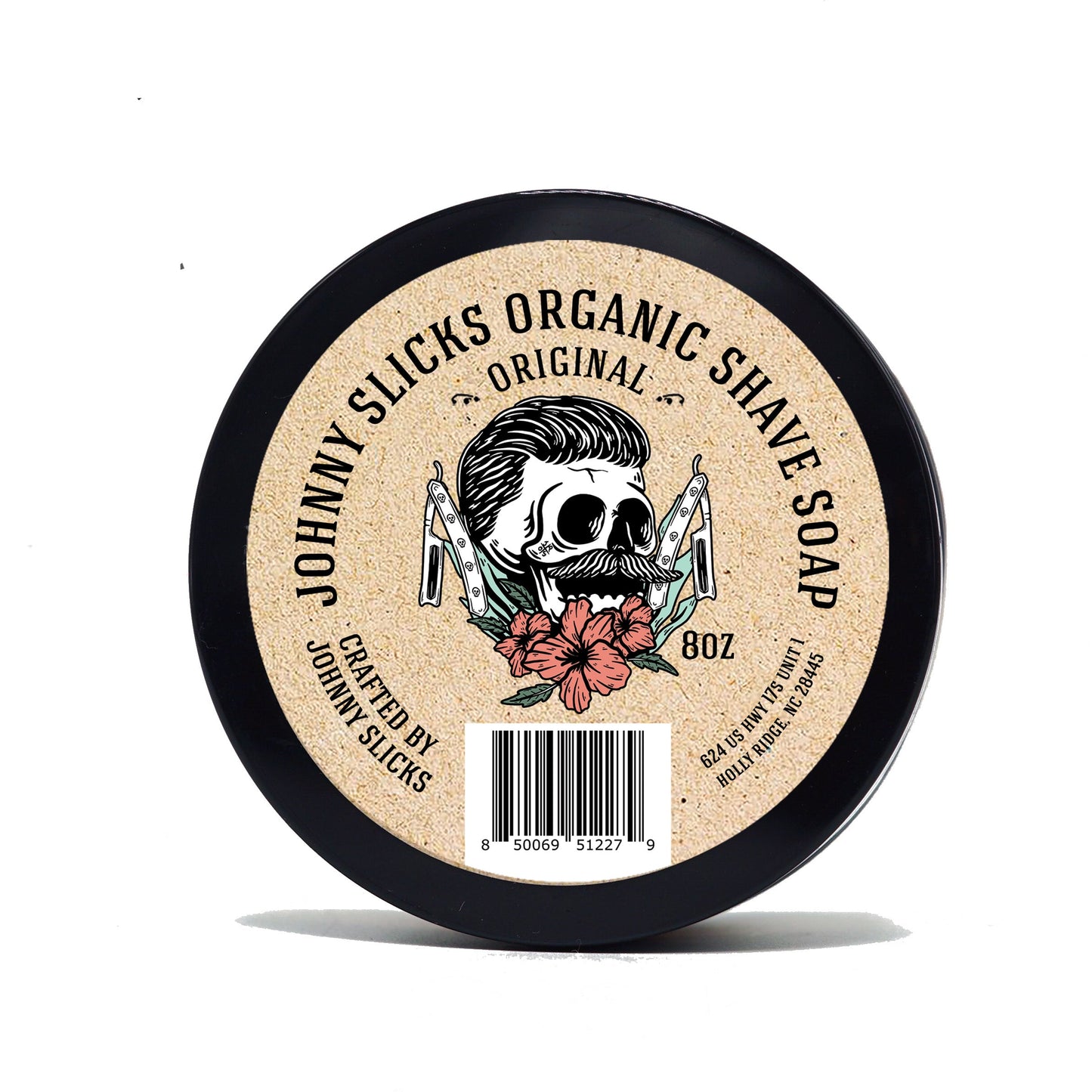 Organic shave soap tin, black rim with 'Original' label and skull illustration