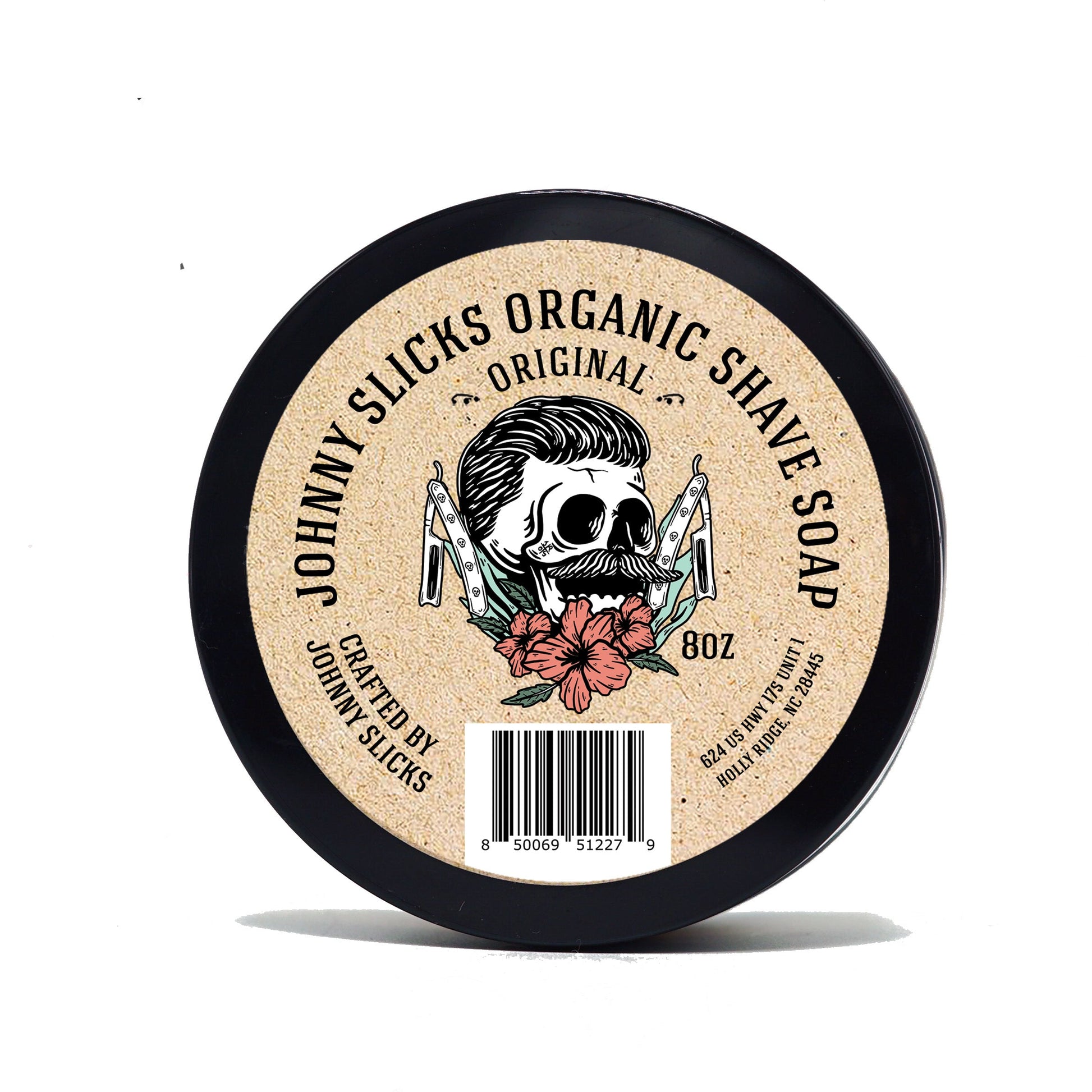 Organic shave soap tin, black rim with 'Original' label and skull illustration