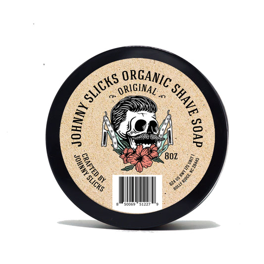 Organic shave soap tin, black rim with 'Original' label and skull illustration