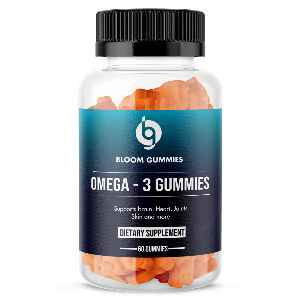 Omega-3 gummies supplement bottle labeled BLOOM GUMMIES, 60 gummies, fish oil