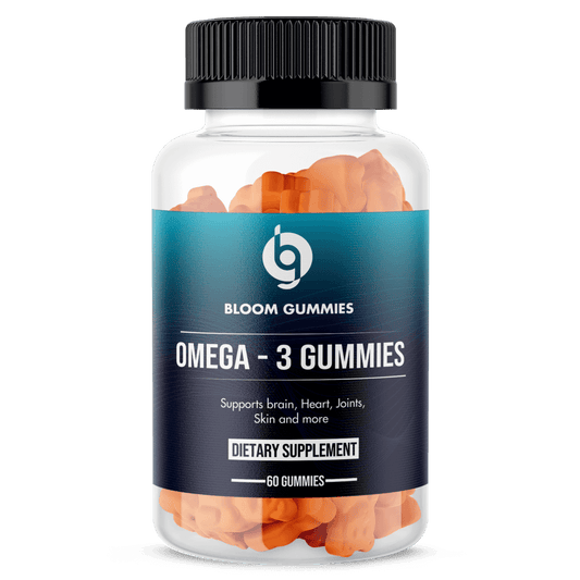 Omega-3 gummies supplement bottle labeled BLOOM GUMMIES, 60 gummies, fish oil