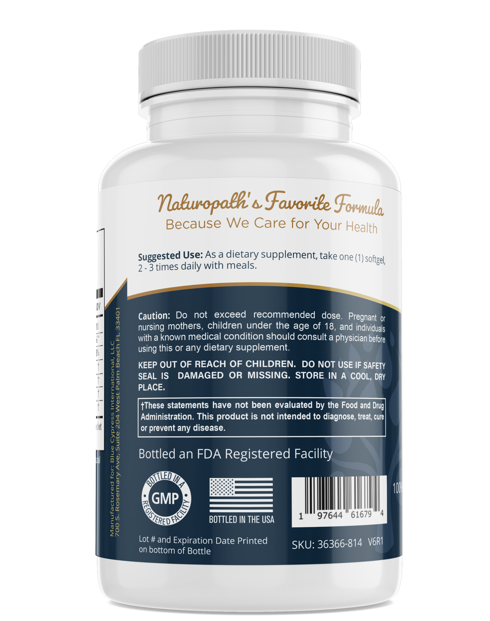 Omega fish oil supplement bottle with directions, warnings, and GMP icon