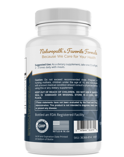 Omega fish oil supplement bottle with directions, warnings, and GMP icon