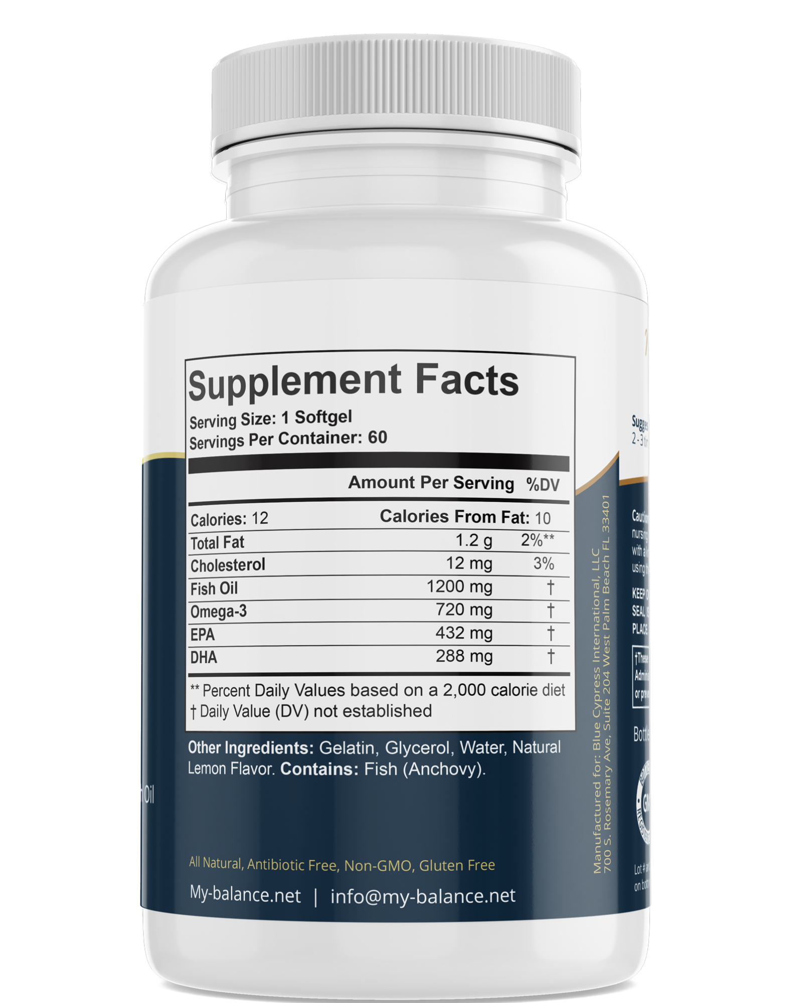 Omega fish oil supplement bottle with Supplement Facts panel