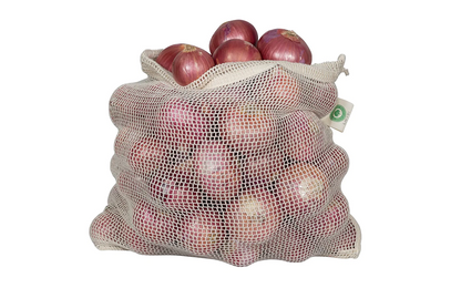 Mesh onion storage bag set with drawstring, filled with red onions