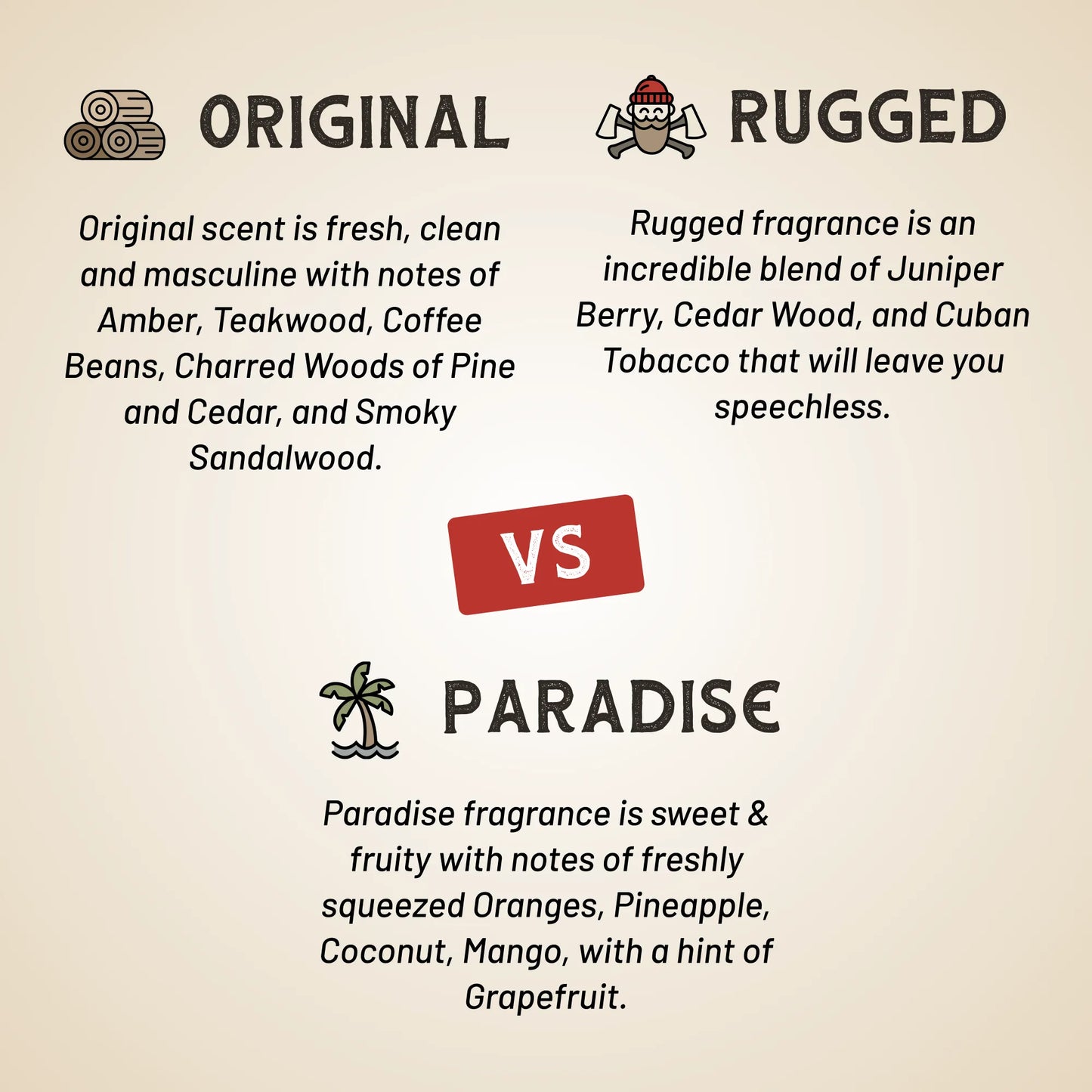 Organic oil based pomade fragrance options card: Original, Rugged, Paradise