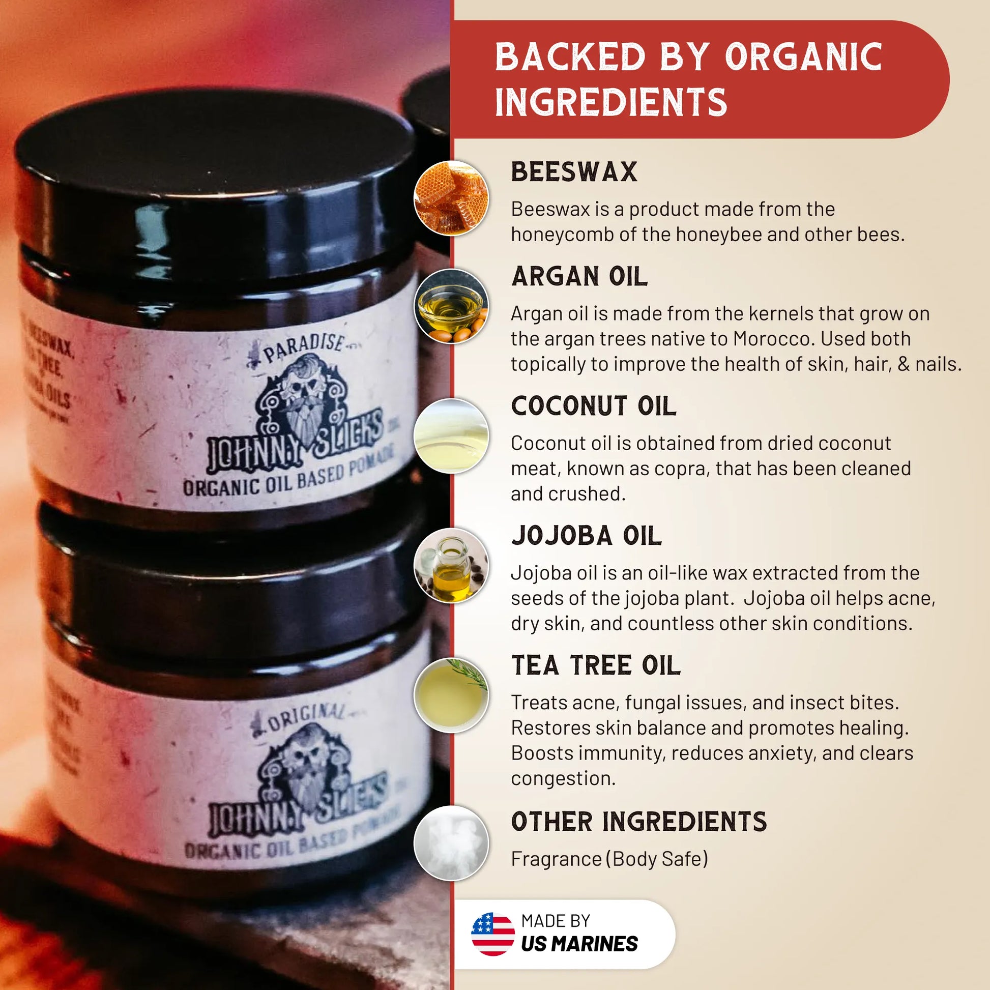 Organic oil based pomade jars with scent and ingredient callouts, including beeswax and oils