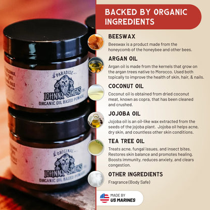 Organic oil based pomade jars with scent and ingredient callouts, including beeswax and oils