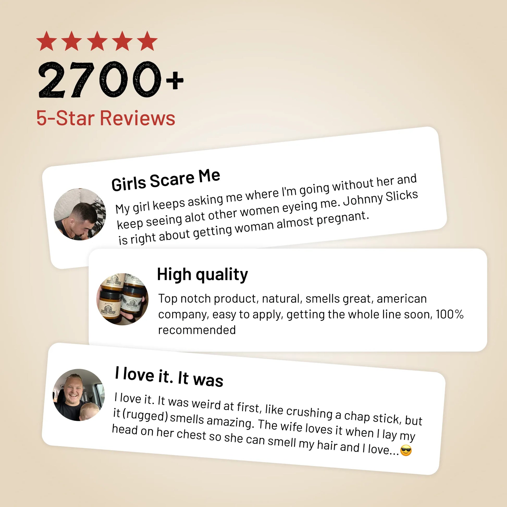 5-star review card showing customer feedback for organic oil based pomade