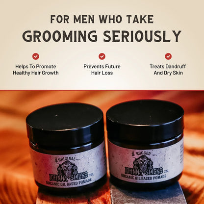 Two organic oil based pomade jars with Original and Rugged labels