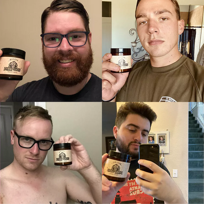 Two men holding organic oil based pomade jars in a four-panel grooming collage