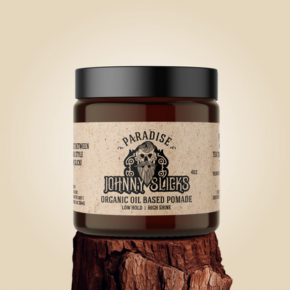 Organic oil based pomade jar with Paradise label and black screw cap
