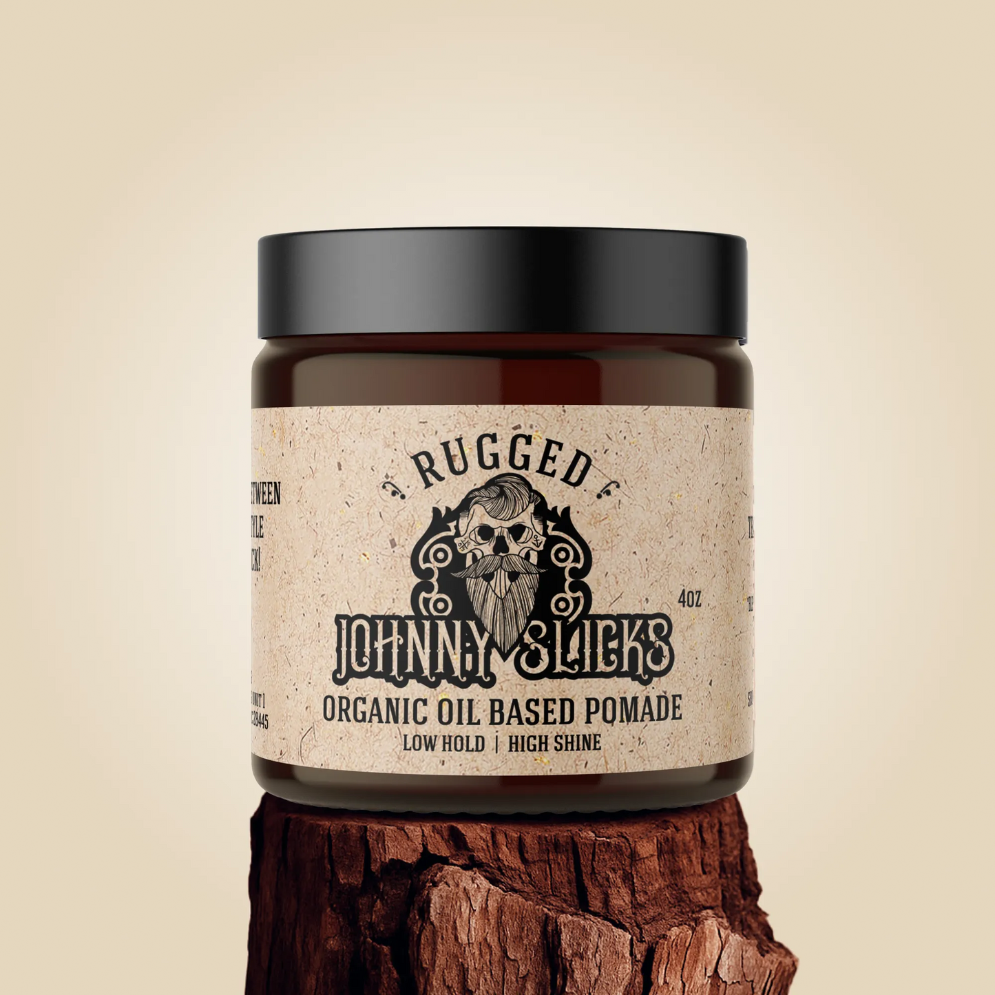 Rugged organic oil based pomade jar with dark lid and label, low hold high shine