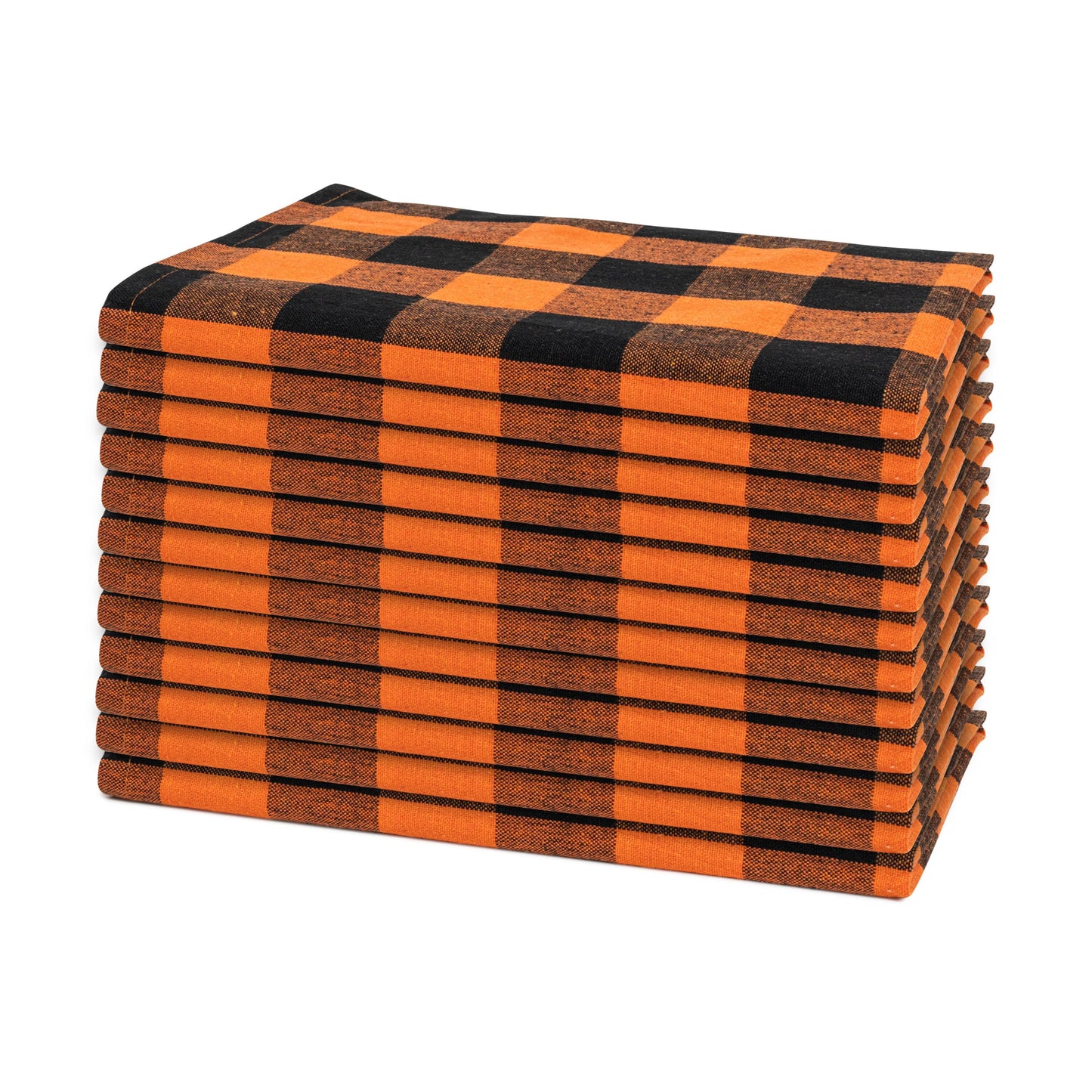Plaid dinner napkins, stacked, orange and black buffalo check pattern