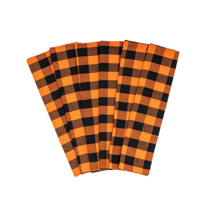 Plaid kitchen towels, orange and black check pattern, folded set