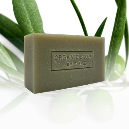 Organic bar soap: rectangular green bar with embossed logo on front