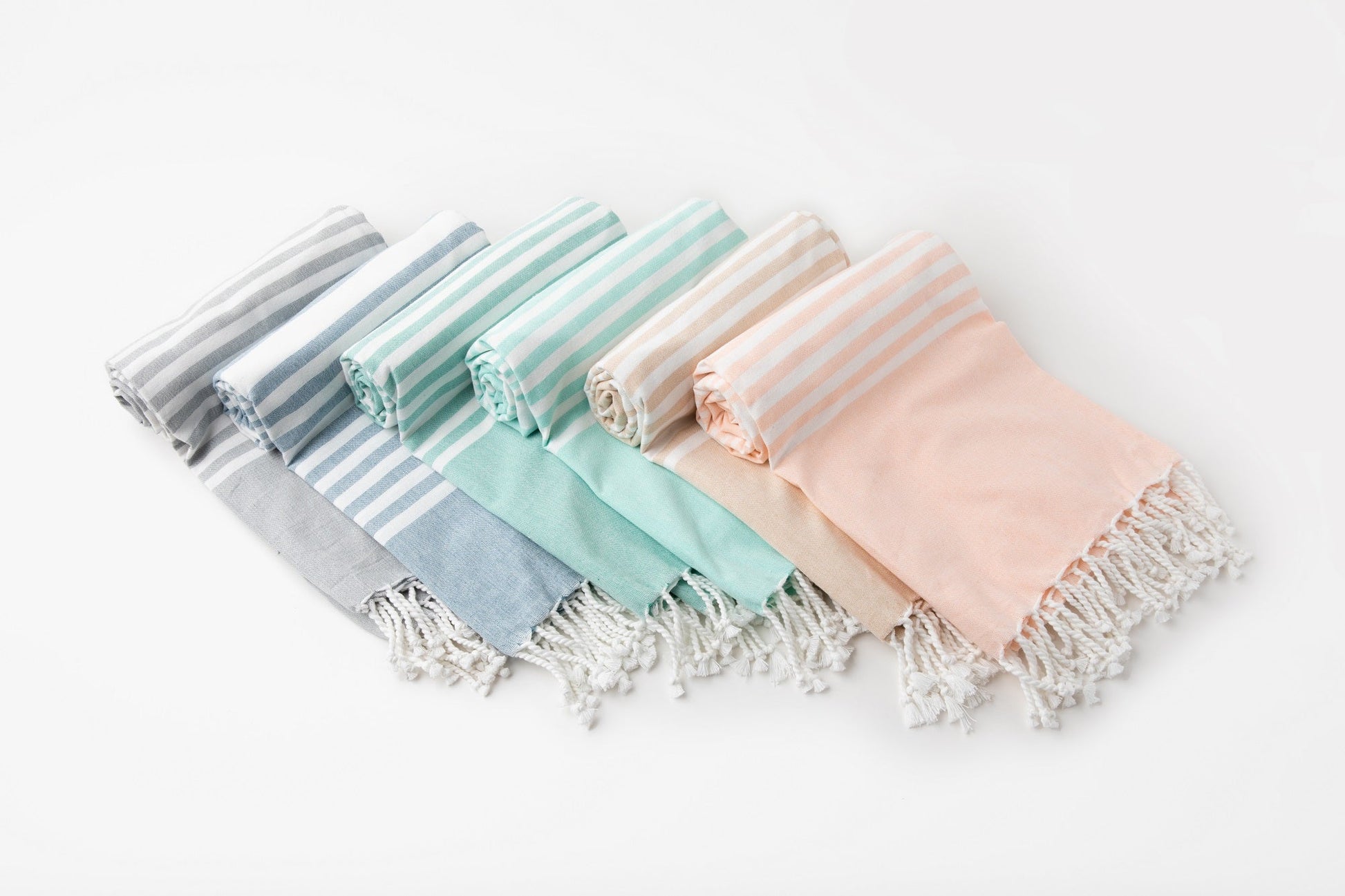 Turkish beach towels set, multicolor striped with tassel fringe ends