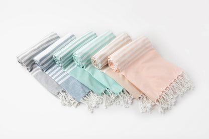Turkish beach towels set, multicolor striped with tassel fringe ends