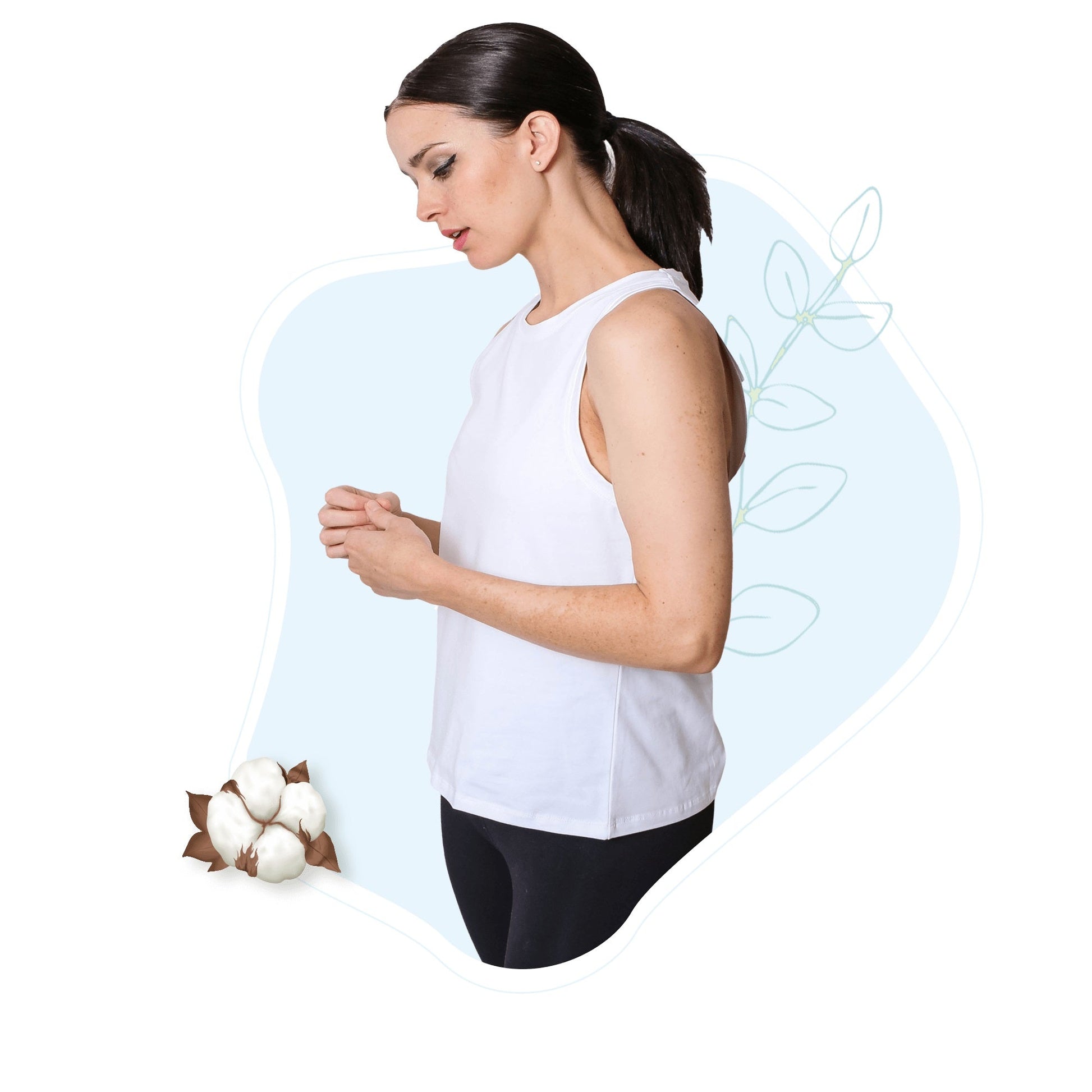 White women's tank top in sleeveless style with crew neckline