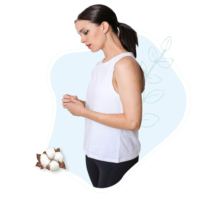 White women's tank top in sleeveless style with crew neckline