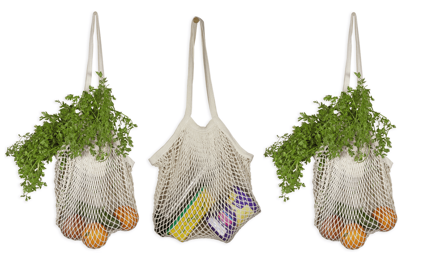 Set of three mesh shopping bags with long handles, holding produce in white net