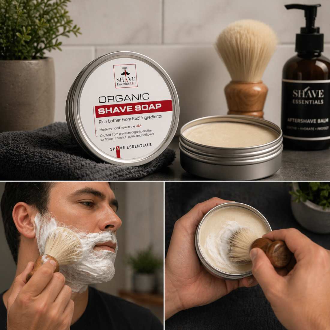 Organic shave soap tin and shaving cream bowl with shaving brush