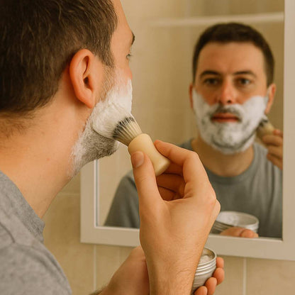 Shaving soap lather on a brush applied to a man’s face