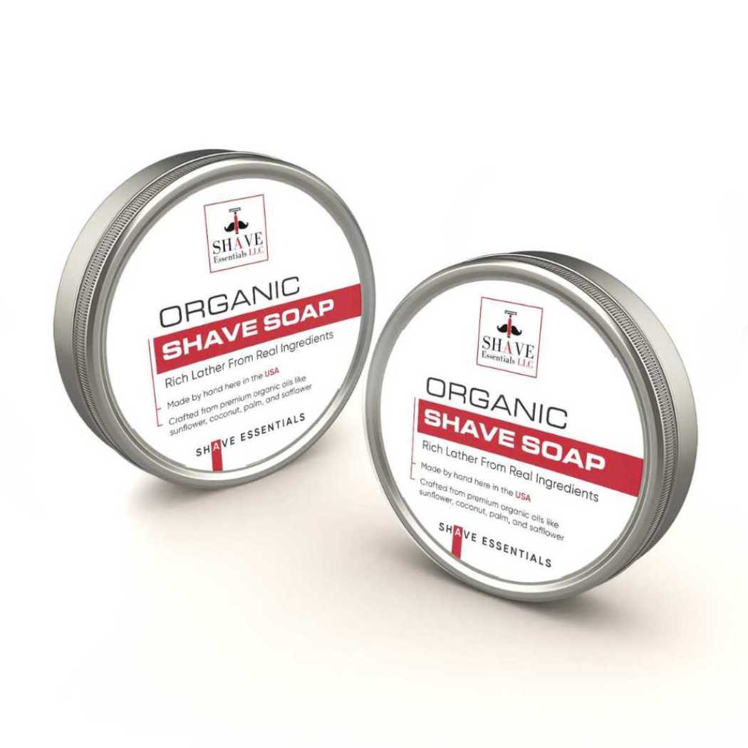 Organic shave soap tins, silver round metal containers with red label
