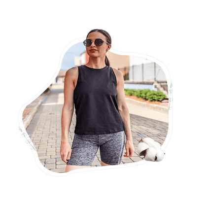 Black women's tank top with crew neckline and sleeveless racerback style