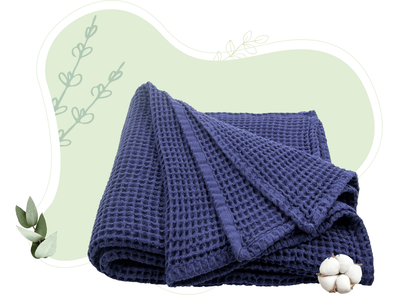 Deep blue waffle weave throw blanket folded with visible waffle pattern.