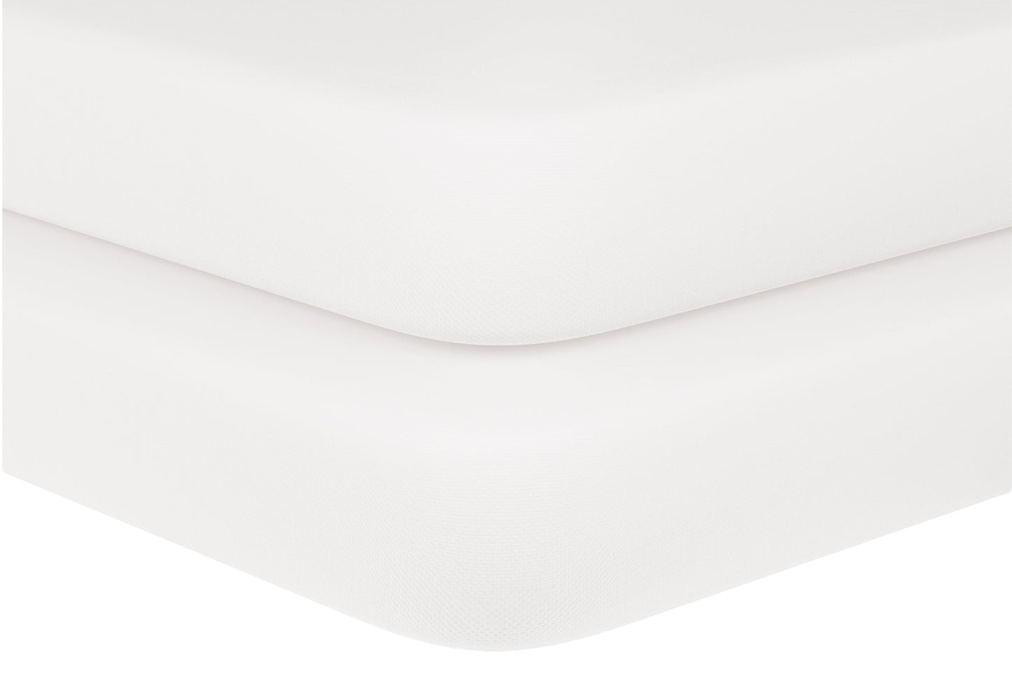 White baby crib fitted sheet, corner seam and smooth fabric close-up