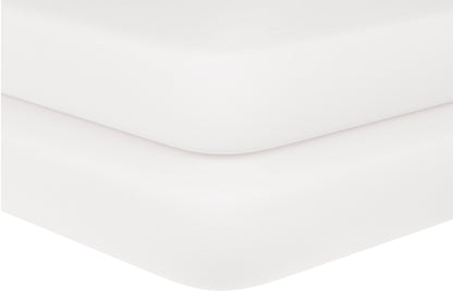 White baby crib fitted sheet, corner seam and smooth fabric close-up
