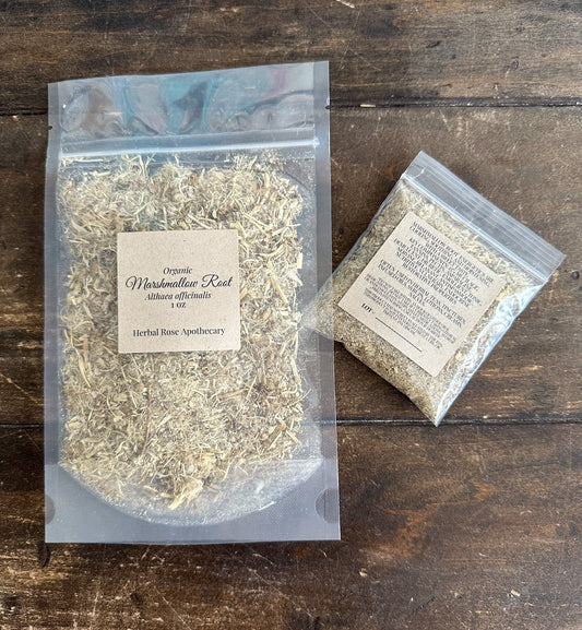 Dried marshmallow root in clear resealable pouch, light tan shredded herb with label
