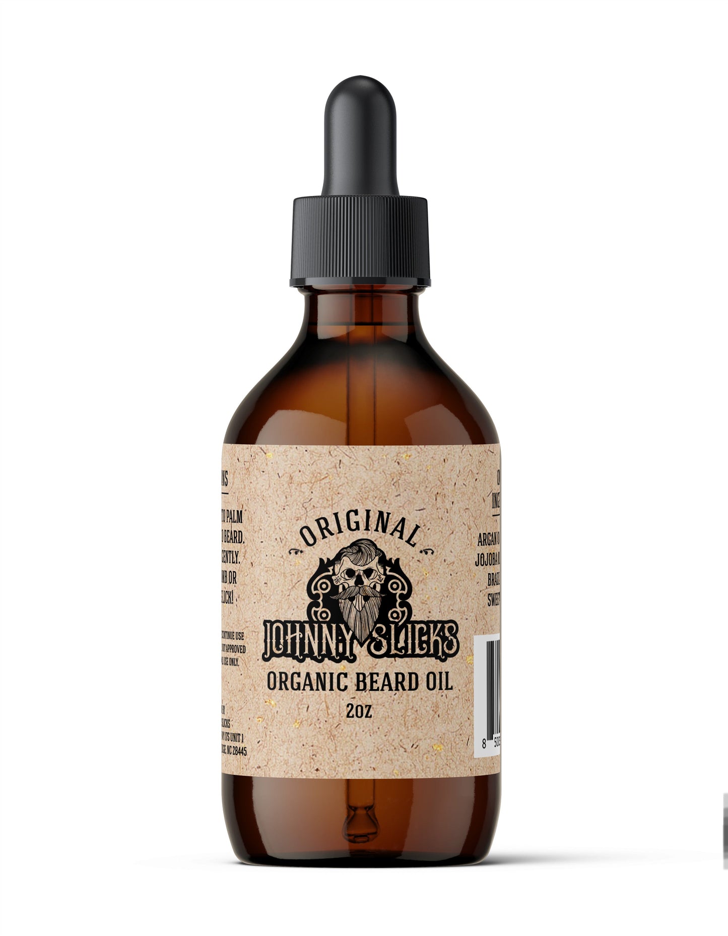 Organic beard oil bottle with black dropper, amber glass; label 'Original' 2 oz.