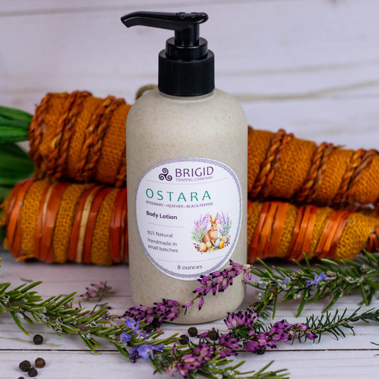 Natural body lotion bottle with black pump, light beige bottle and round label